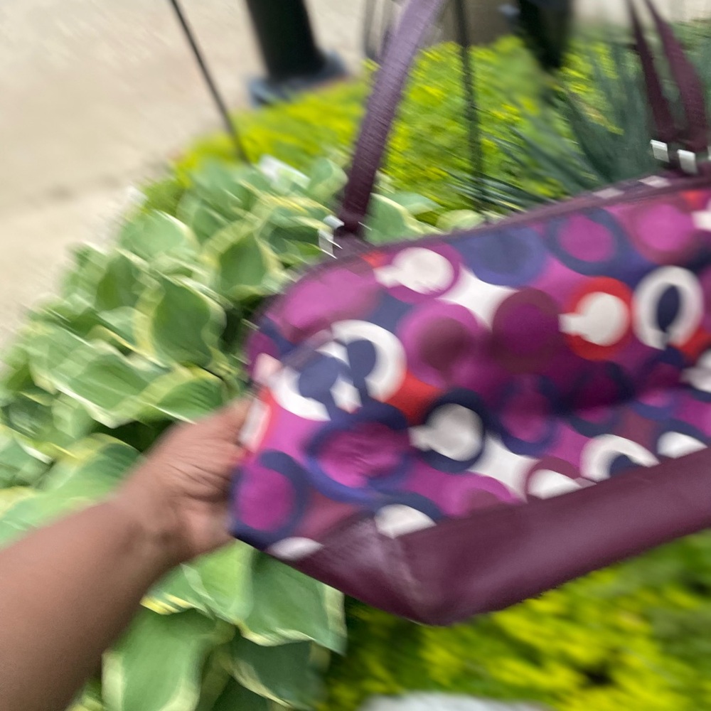 Coach signature scarf print  Purple Patterned Tote Bag leather trim 18 X 9 - Picture 5 of 7